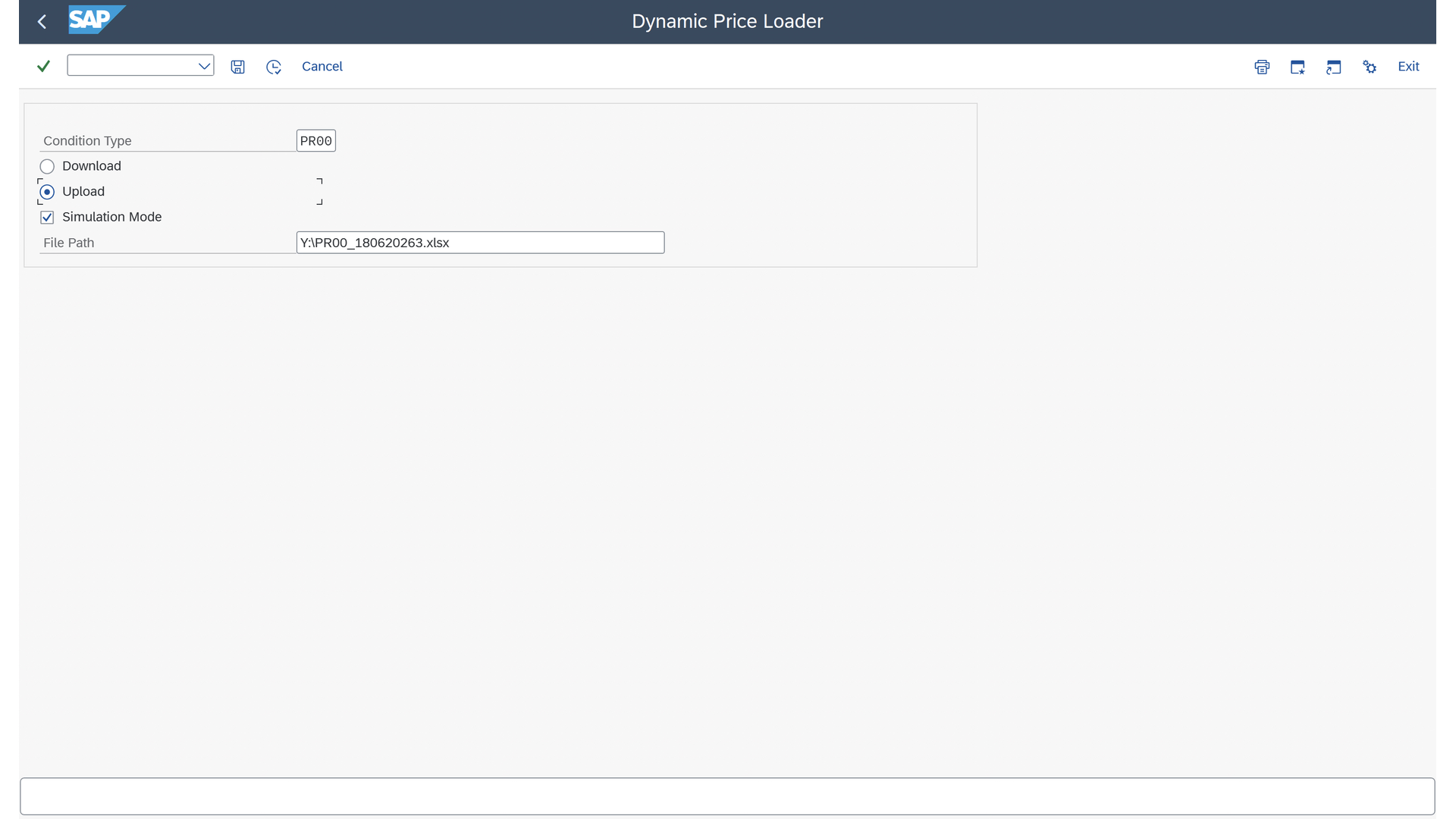 Dynamic Price Loader home screen with Upload and Simulation Mode selected.